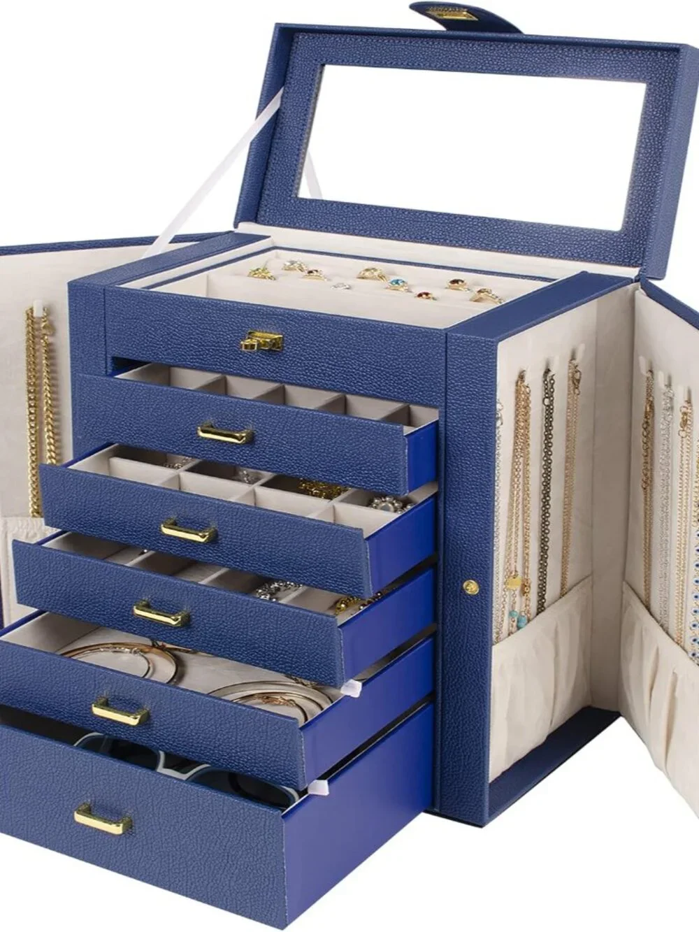 Elegant 6-Tier Leather Jewelry Organizer with Mirror & Large Capacity
